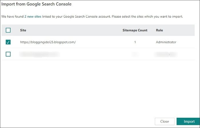 Select sites to import from Google Search Console