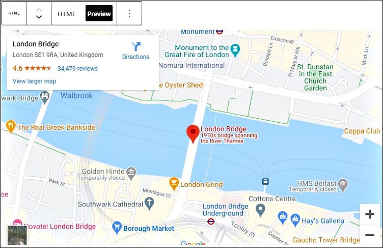 preview of custom HTML code (google map london bridge location)