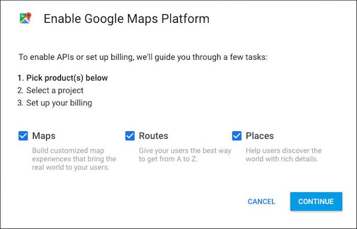 enable google maps cloud platform for maps, routes, and places