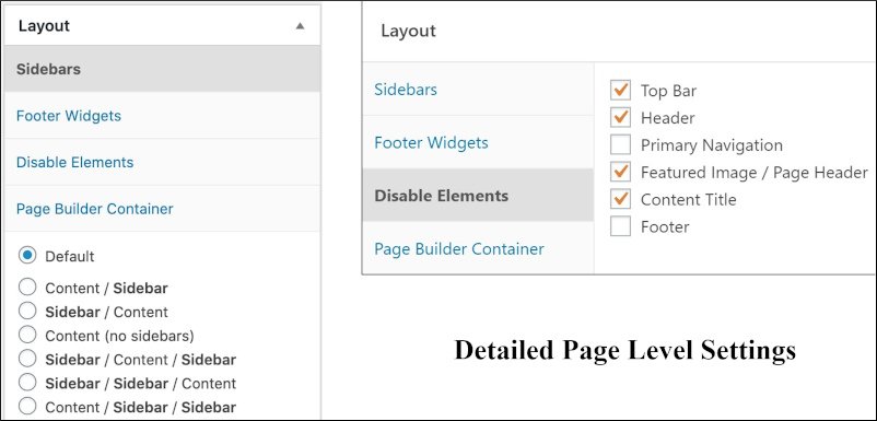 detailed page level settings in GeneratePress wordpress theme