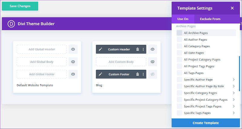 applying custom header and footer to specific pagesin the Divi theme builder