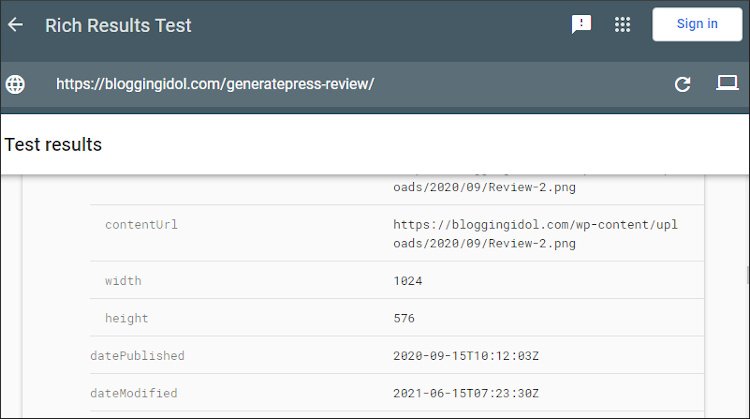 rich results test using desktop bot displaying last updated date in generatepress theme