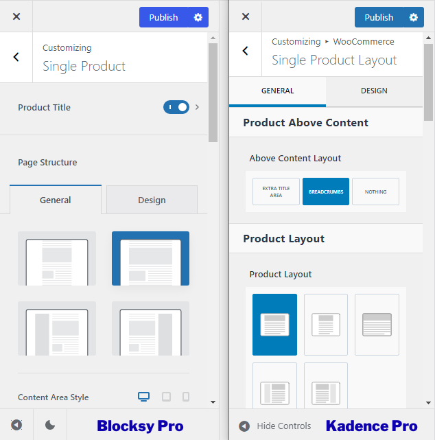 blocksy vs kadence woocommerce single product layout