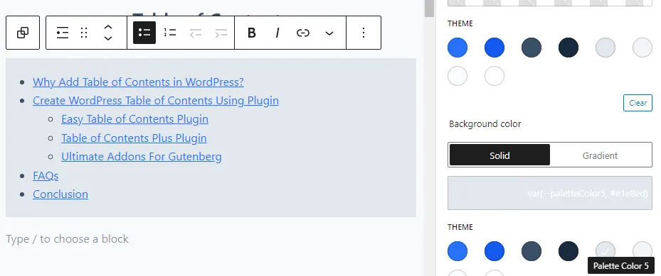 select color for table of contents wordpress