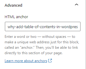 wordpress html anchor within blog post