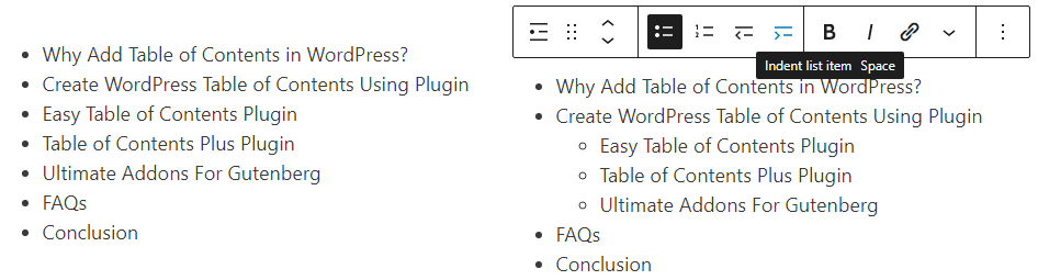 creating a nested list for table of contents wordpress