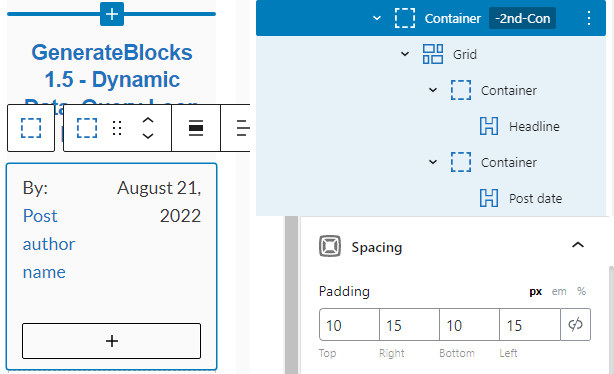 generateblocks query block's post template's container padding