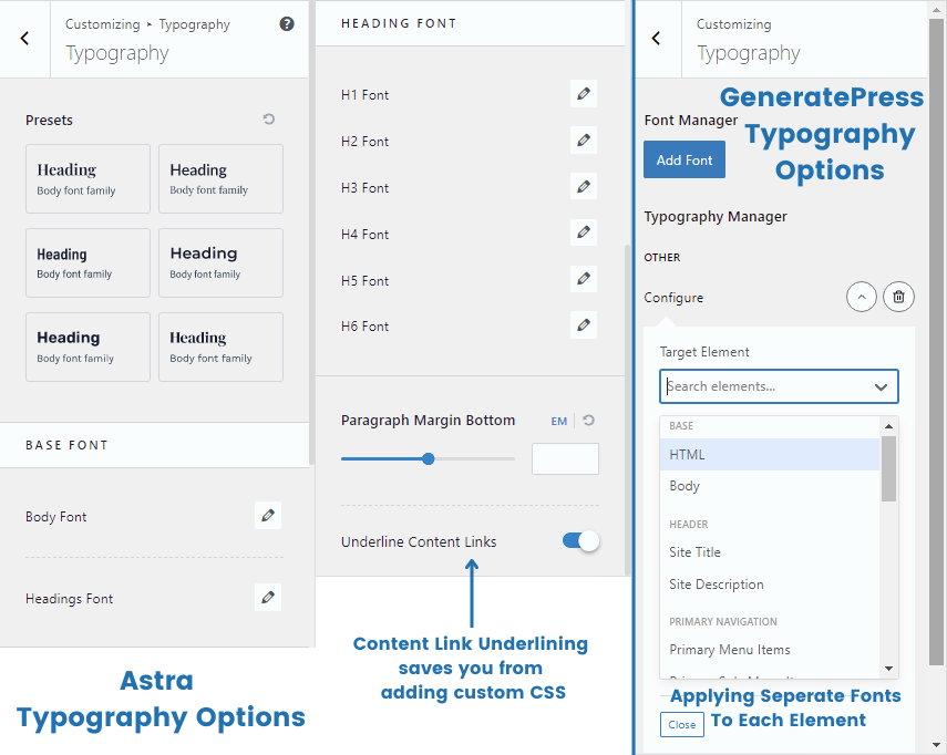 astra vs generatepress typography options