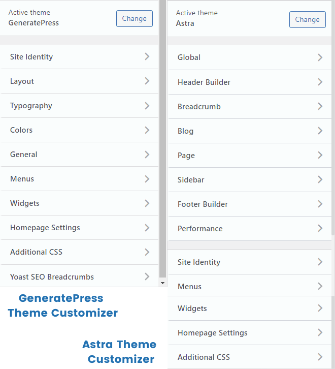 generatepress vs astra theme customizer settings