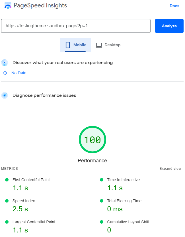 generatepress mobile speed test on google page speed insights