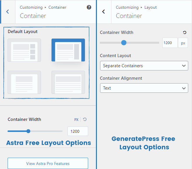 generatepress free vs astra free container layout options