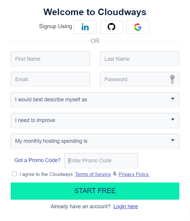 Cloudways new account signup page with promo code option
