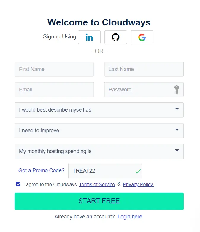 create on account on cloudways and enter promo code