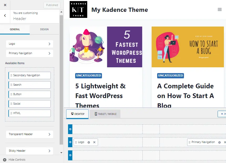kadence free theme header layout