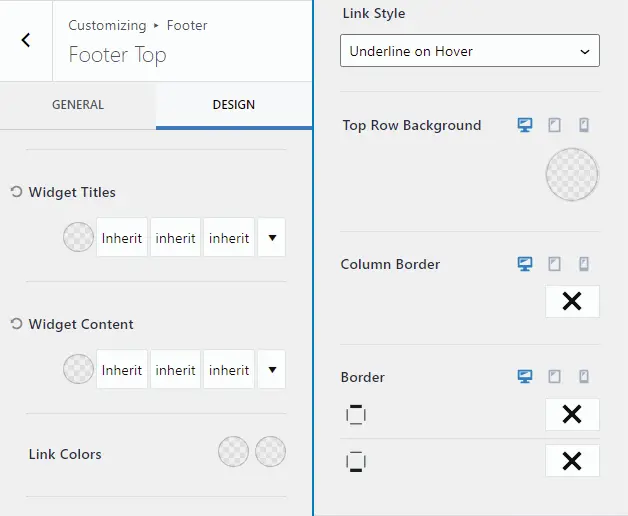 kadence footer row design customization settings