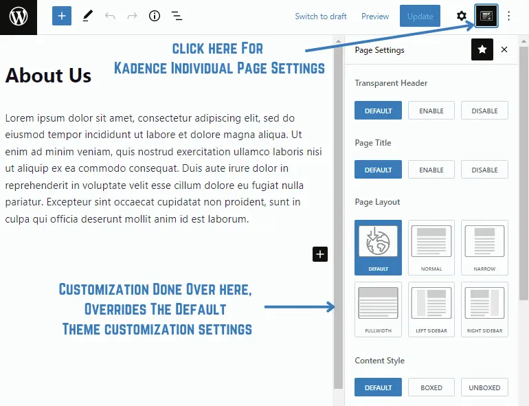 kadence page settings for individual pages