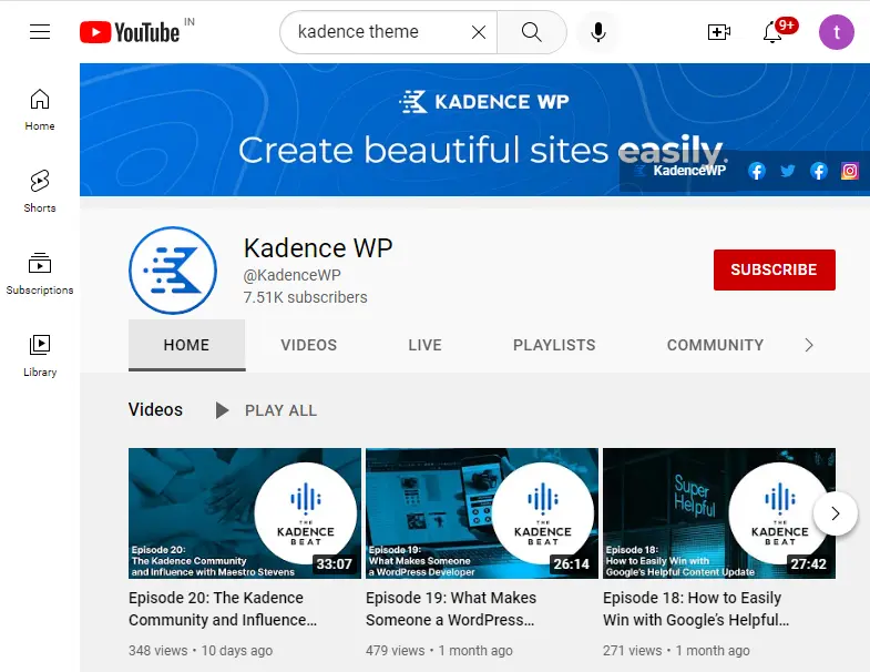 kadence theme youtube channel