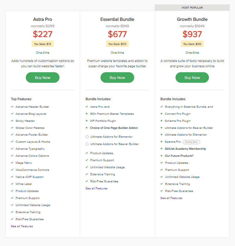 price chart comparing astra free vs pro vs bundles