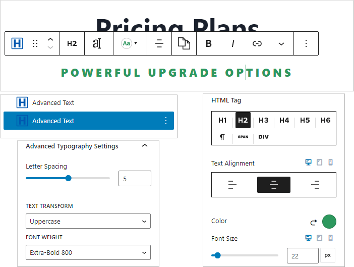 creating h2 for pricing table with kadence advanced text block