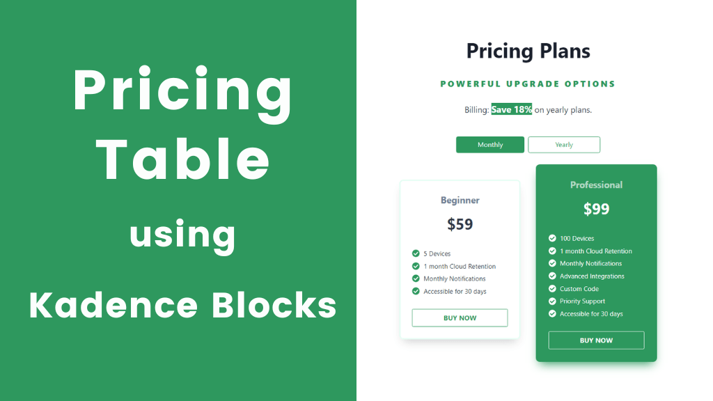 creating pricing table in wordpress theme using kadence blocks
