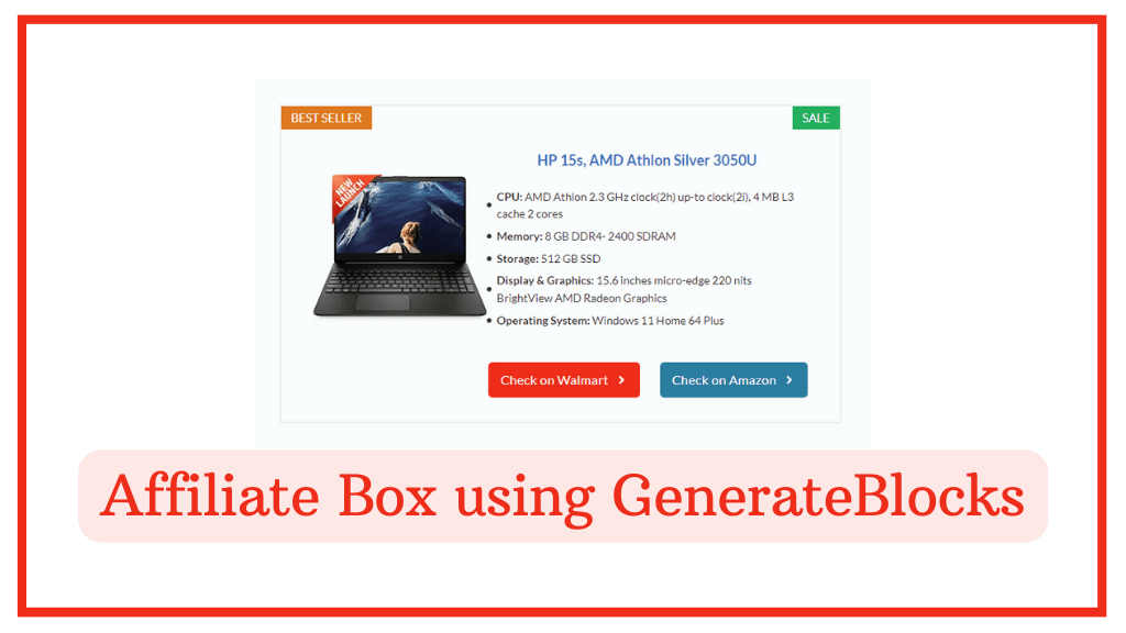 generateblocks affiliate product box with multiple buttons