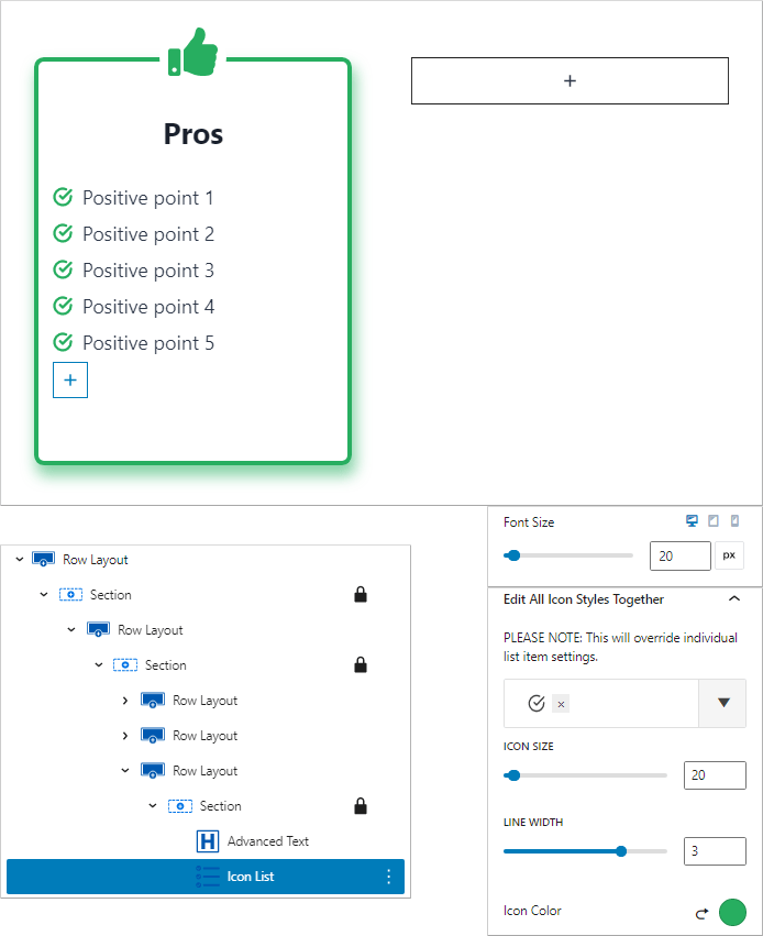 editing pros icon list in kadence blocks for pros and cons box in wordpress theme