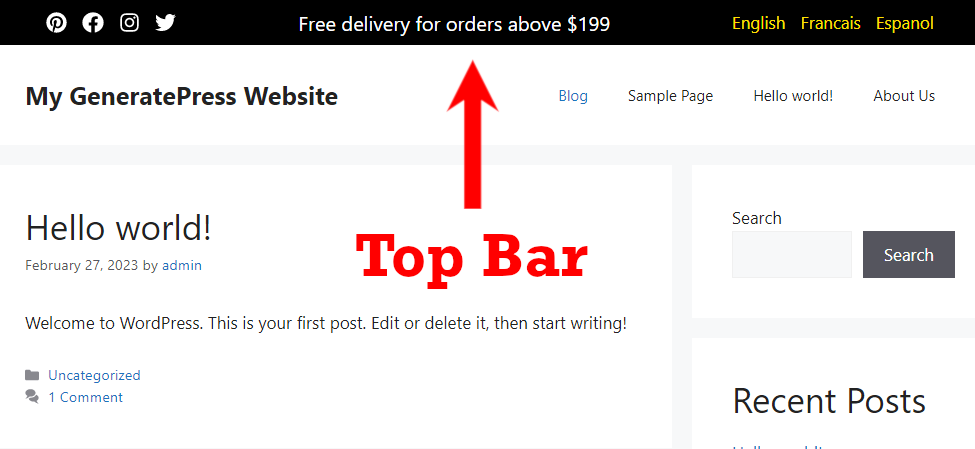 top bar made using generateblocks updated version