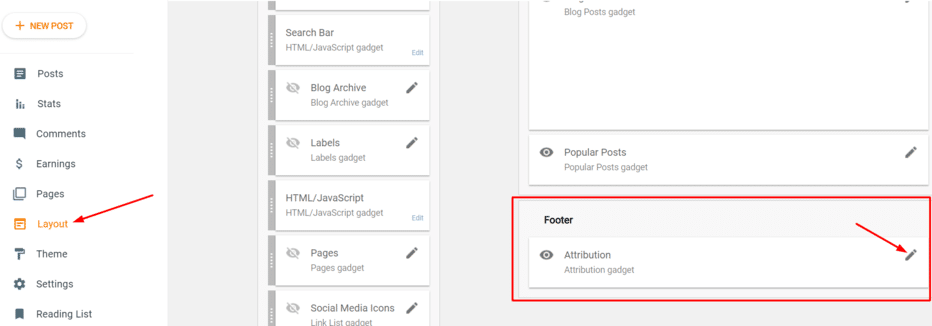Footer attribution option under layout setting in blogger