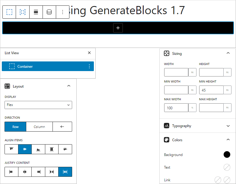 generateblocks outer container with the new flex layout settings and sizing controls that come with generateblocks 1.7