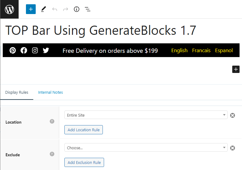 display location of top bar created using generateblocks