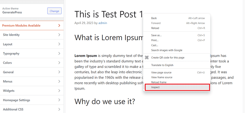 Inspect element highlighted that appeared by right clicking title
