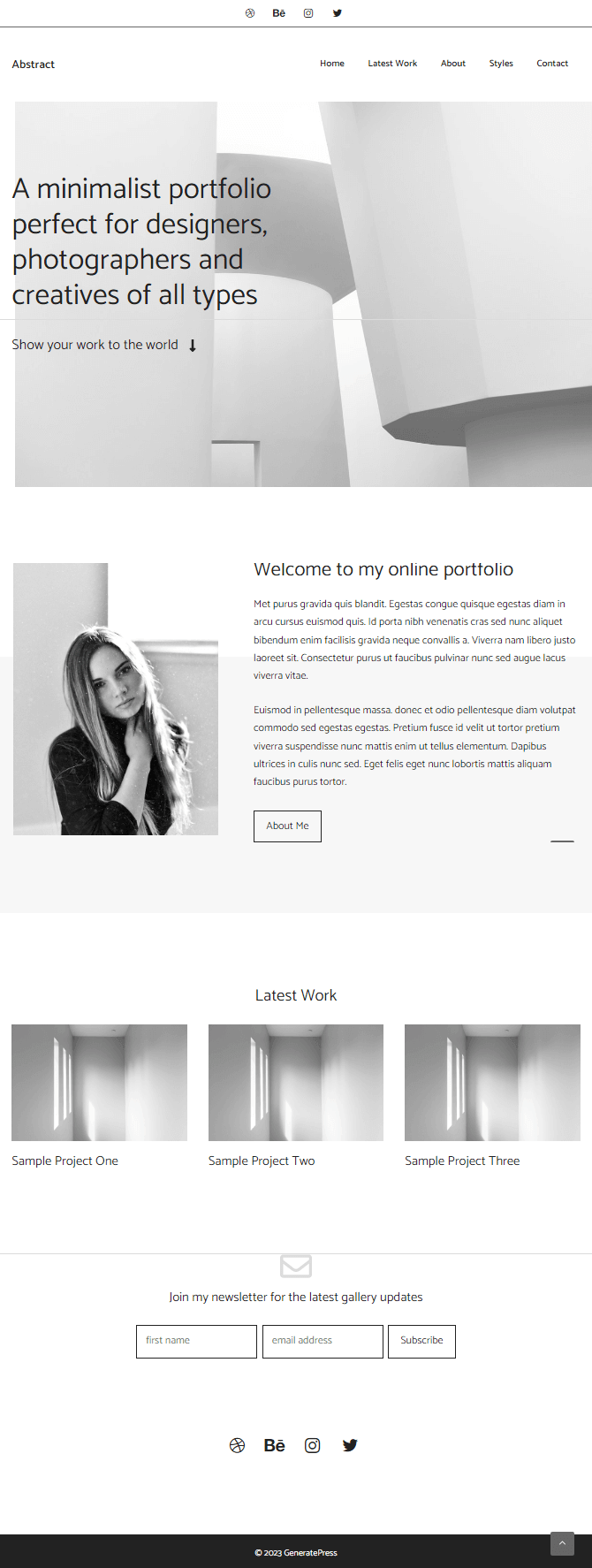 homepage of abstract - a generatepress starter site for creating portfolio website