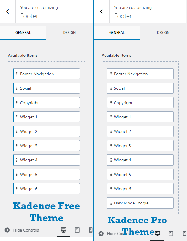 Kadence free vs pro footer elements