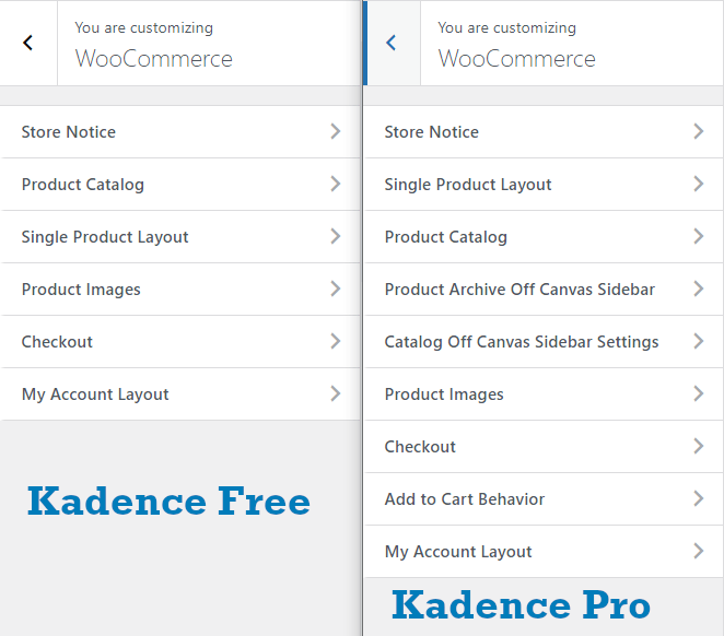 kadence free vs pro woocommerce features in the theme customizer