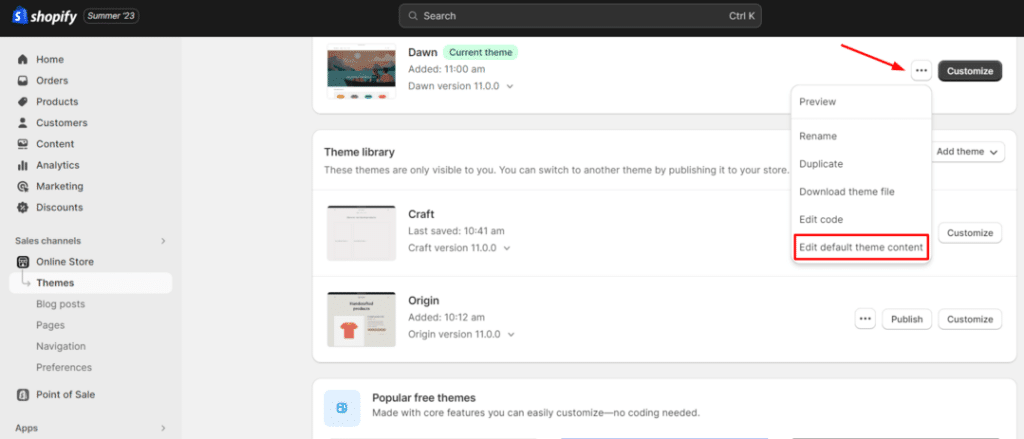 Arrow pointing three dots to open Edit default theme content section