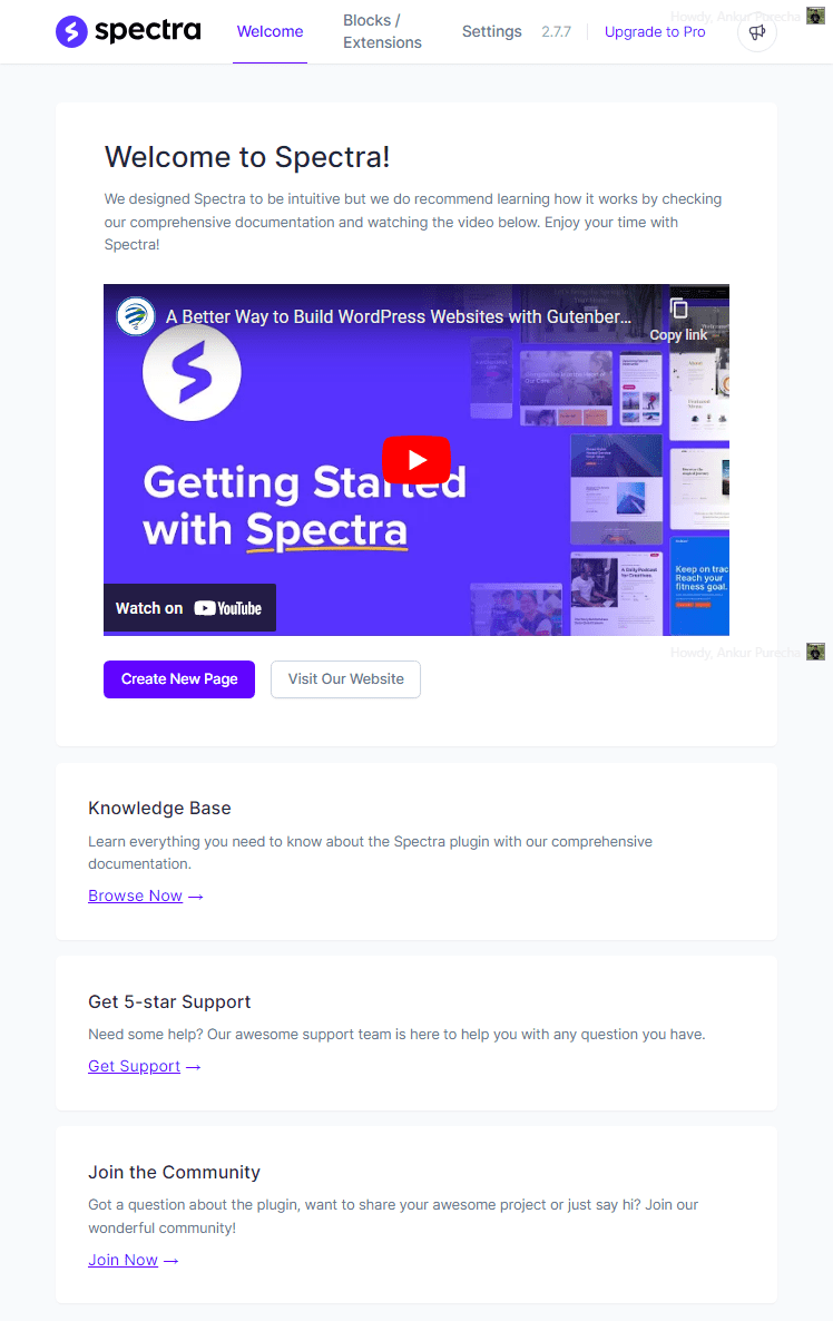 spectra plugin dashboard - welcome page