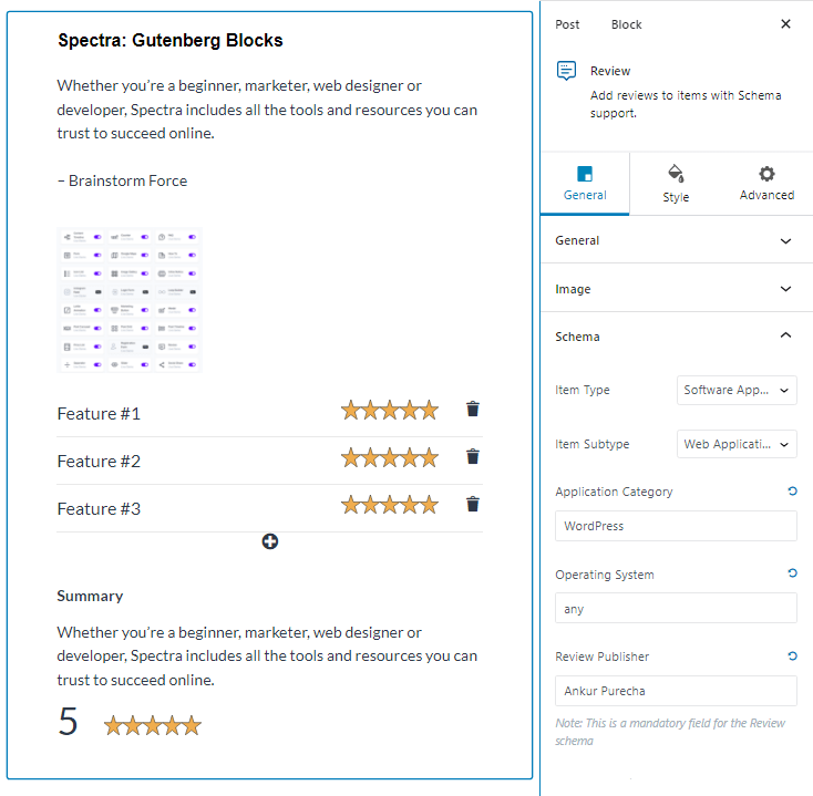 review block from spectra plugin