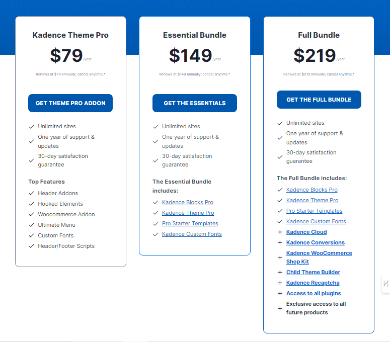 kadence free vs pro vs bundles new pricing